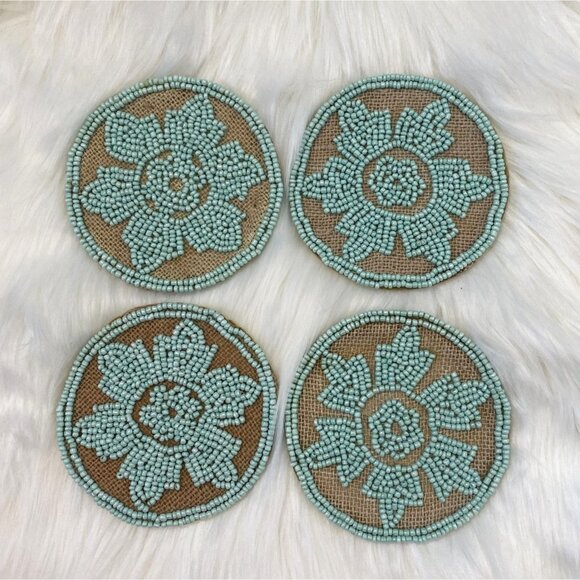 ⭐ 3/$15 Teal Beaded Floral Coasters Set Of 4 Round Design - Picture 1 of 4